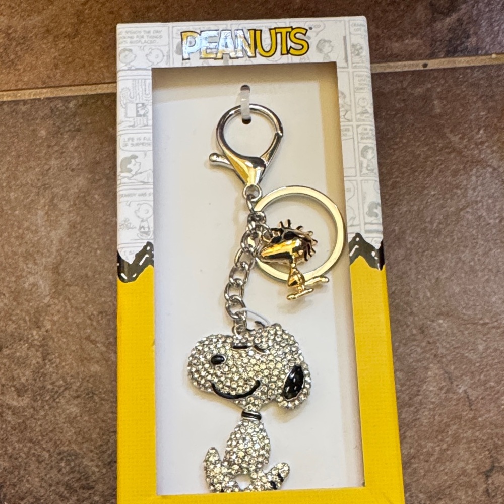 Peanuts Crystal Snoopy and Gold Woodstock Keychain
